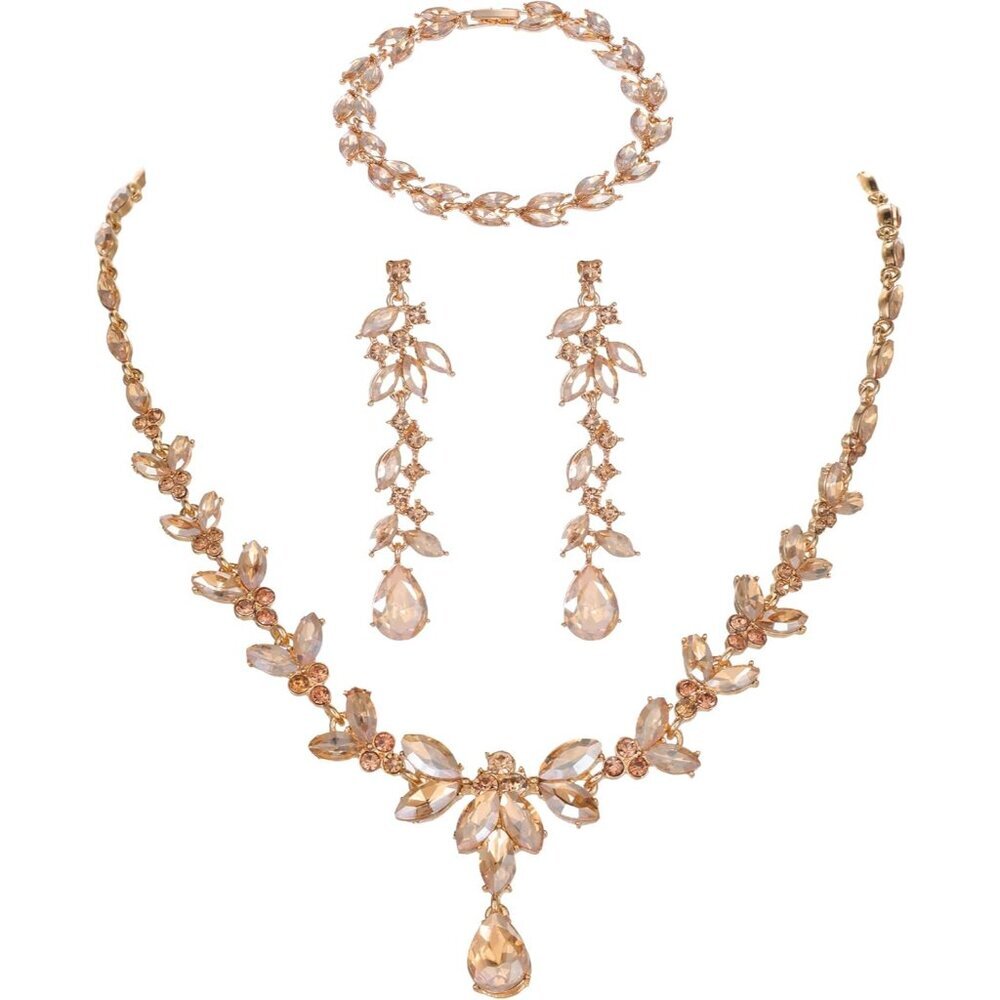 Champagne Bridal Crystal Necklace Earrings Bracelet Set for Women and Brides